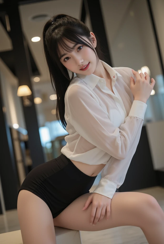 top-quality、facefocus、(depth of fields)、超A high resolution、(Photorealsitic:1.4)、Raw photography、(upper thigh:1.4)、(Since a while ago)、1日本人の女の子, 独奏, cute little, (25-years old), (A big smile:1.1), (Brown-eyed), detailed beautiful faces, (Medium Shorthair,Upstyle),Plain see-through sheer shirt、Lower body is underwear only、I'm wearing fishnet stockings、(G Cup Big),City Hotel Beds、sexy pose