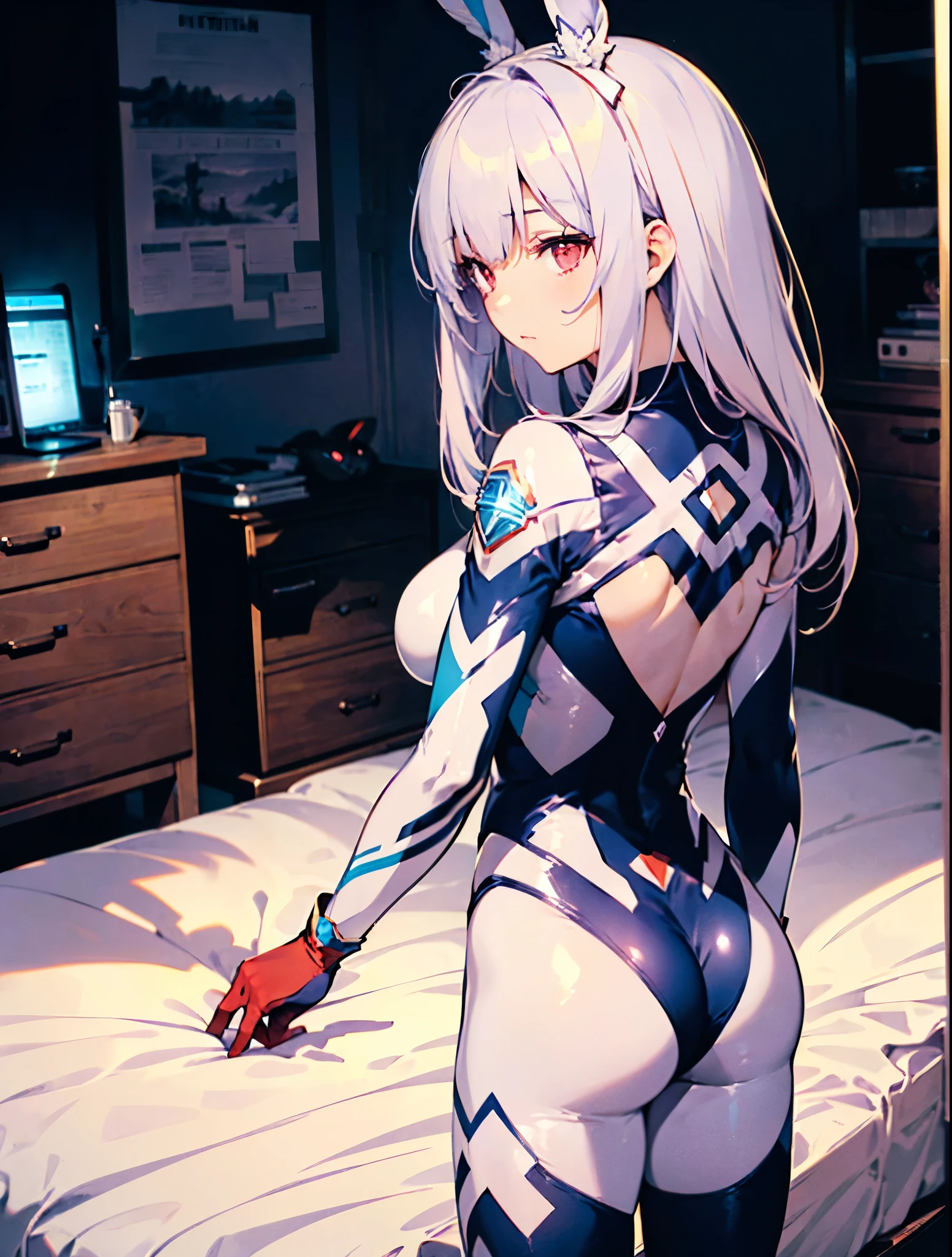 highest quality,sleep on your back in bed，Crab crotch，show me your boots，thigh high boots，leotardチラ見せ，glove，elegant, 1 girl, leotard，body suit，cute, blushed, looking at the viewer, from below, prison，blue eyes, beautiful eyes, beautiful background, particles of light, Light of the sun, dramatic lighting, outside, shiny, realistic, table top, highest quality, Super detailed, get used to it, scenery, beautiful and detailed eyes, thin hair，full body shot，