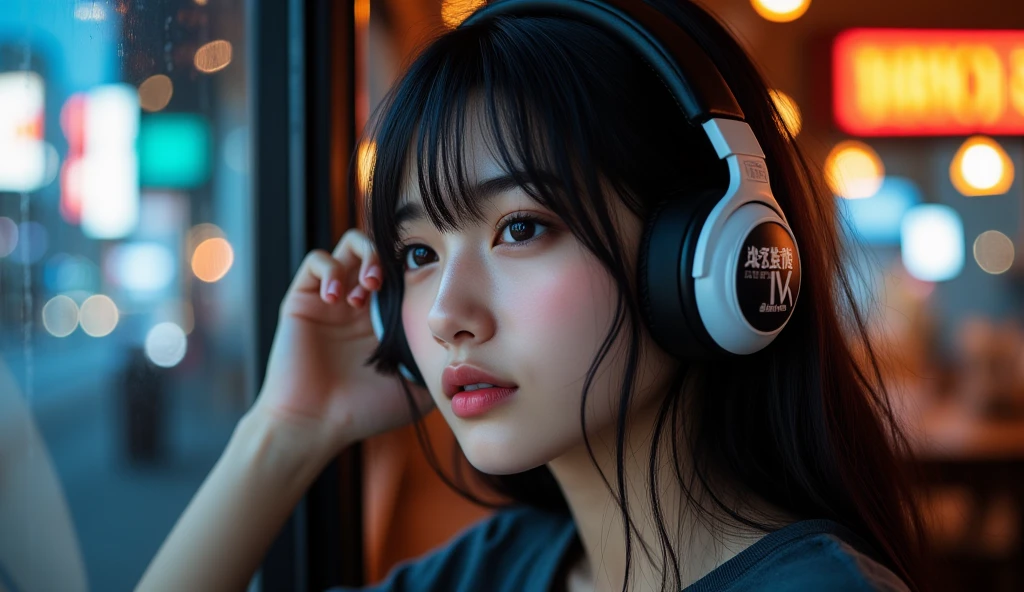 Best Quality, masutepiece, (Photorealistic:2), Ultra High Resolution, Highly detailed, A hyper-realistic, 1girl in, ((Red headphones)), (Longer dress), Floral pattern, colourfull_hair、(((very_Short_hair))), Short hair, Slim body, Full Shot, Looking at Viewer, ((Music Studio)),  Bright atmosphere, spot light, Detailed background