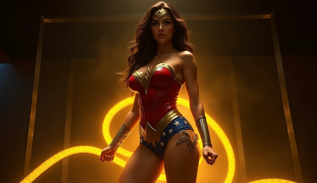 Wonder woman, big breasts, Realistic, perfect body, full body, Busty, touching the Dj, festival, microphone