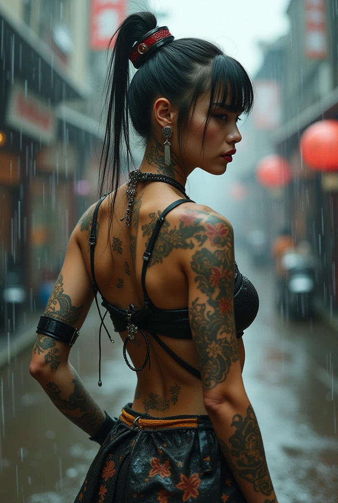 a beautiful Italian Girl, wabori skin, beauty, sexy, cute girl, yakuza girl, samurai punk, background in Sicilia city, realistic, photoreal, masterpiece, best quality, cinematic photo of a Italian mafia cartel gangster girl with yakuza tattoos, epic lighting, exotic, full body, Yakuza Punk, yakuza tattoo, muscular