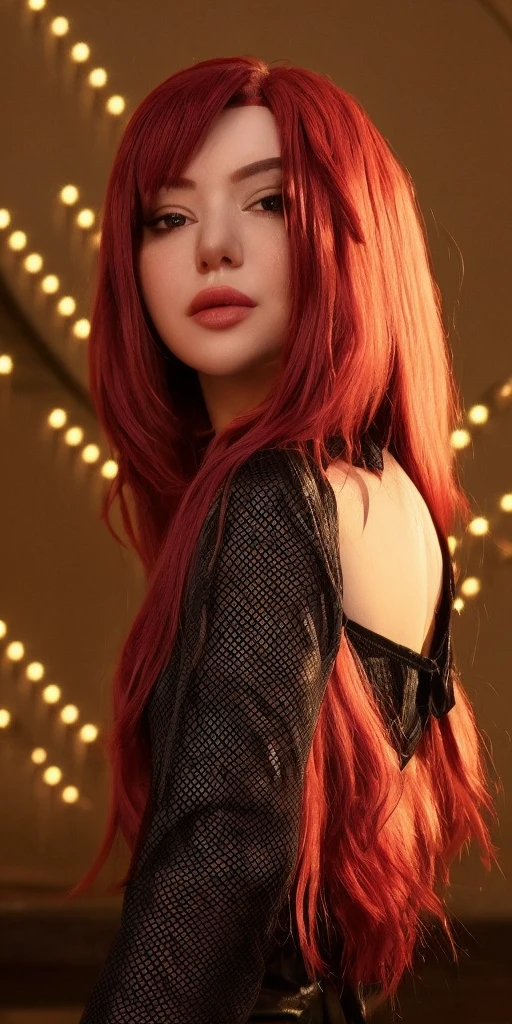 red hair, blunt bangs, bangs, long hair, hair spread out, straight hair, shiny hair, glowing eyes, longeyelashes, amber eyes, makeup, blush, fangs, hood, absurdly long hair, Surrealism, chiaroscuro, cinematic lighting, silhouette, drop shadow, backlighting, UHD, masterpiece, anatomically correct, super detail, highres, best quality