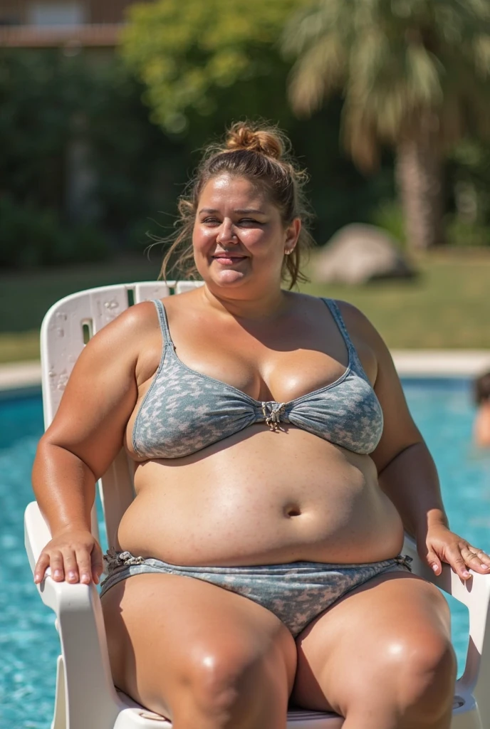 (obesity:1.1), (((Photo Composition))),(highest quality,High resolution,8k:1.7),perfect anatomy,Gravure break Japanese,Granny,(Saggy breasts),Thick upper arms,Thick legs,Mature Woman,Wrinkled skin,stain,Saggy belly,Double chin,Sweaty skin break swimsuit,Pool,Ribbon Break Brown Hair,Long Hair,Braid,