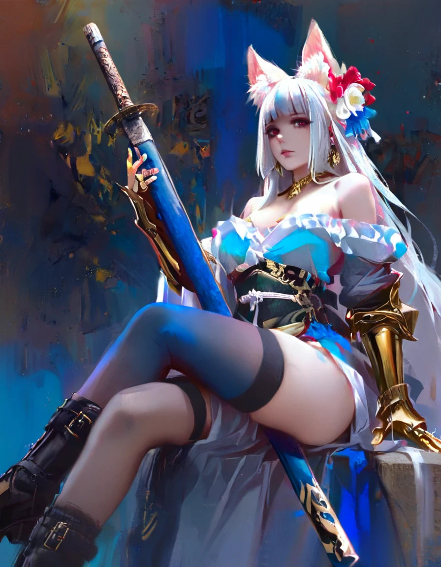 masterpiese, best quality, 1girl, animal ear fluff, animal ears, bangs, bare shoulders, blue eyes, blunt bangs, boots, dress, earrings, frills, gauntlets, gradient, hair flower, hair ornament, holding weapon, huge weapon, japanese clothes, long hair, looking at viewer, red eyes, ring, sheath, sitting, solo, thighhighs, thighs, very long hair, weapon, white flower, white hair, k4_illu, abstract, traditional media, scan, blending, painting \(medium\), oil painting \(medium\), ma1ma1helmes_b_illu, sketch, 4ur4_illu(golden and blue color pattern:1.5),