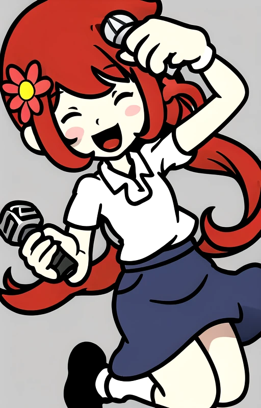 One girl, White shirt, Blue Skirt, Black shoes下, Black shoes, Redhead, Long Hair, Holding a microphone, Dancing, Hair Flowers, Short sleeve, hogtie&gagged,