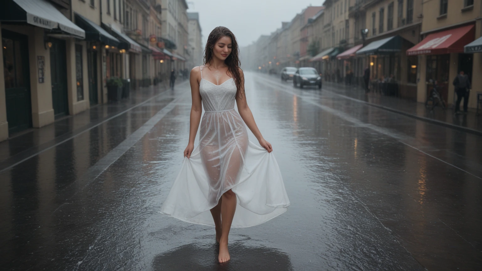 a beautiful woman in a white chiffon dress dances in the rain on a deserted street in Paris, a high quality hyper realistic yet artsy painting, winner of the cgssociety competition, wet shirt effects, rain effects, water effects. water splashes, beautiful light composition, beautiful angle, smooth movement, winning photo, cute photo, powerful photo