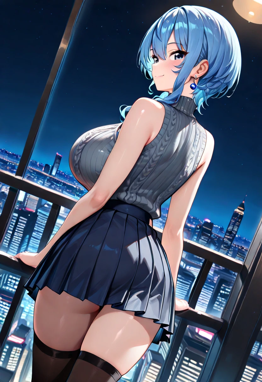 ((highest quality, 8K, masterpiece)),Rem(Re:zero),Thumbs up(👍️)nice,Good Signs,sharp focus: 1.2, cute beautiful woman with perfect body: 1.4, slim big breasts: 1.2, ((blue hair,short hair, big breasts: 1.2)),smile,happiness,後Light,Light , (small transparent dress, half naked, highly detailed chest, happinessな表情, Are standing: 1.2,mini skirt,cleavage), ((city night view, Balcony Simple: 1.3 Making of a woman)), Highly detailed face and skin texture, fine eyes,