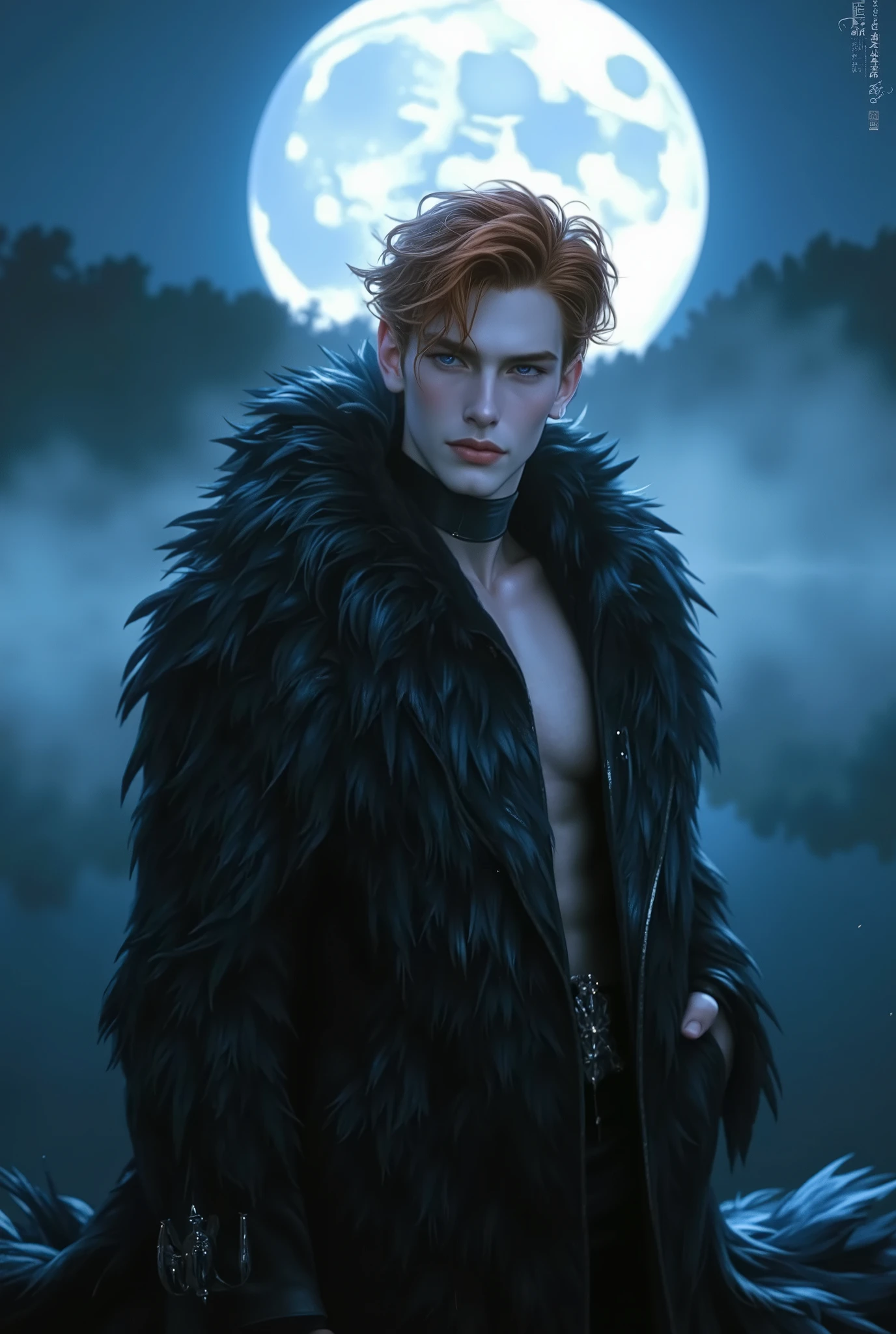 The Black Swan Prince, 20 years old, standing gracefully by a moonlit lake, surrounded by soft mist and glowing reflections, noble and elegant, mysterious and innocent, flawless pale skin, deep violet eyes that shimmer in the moonlight, tousled ginger red hair with a snowy sheen, gentle and commanding aura, delicate facial features with high cheekbones and sharp jawline, cinematic lighting with soft blue highlights, elegant and lean body, tall and poised figure, wearing a luxurious high-neck robe fully covered in black swan feathers, regal silhouette, fantasy-meets-noble fashion, ethereal beauty, anime-realism fusion, hyper detailed, ultra realistic, soft cinematic atmosphere, 8k quality
Negative Prompt:ugly, blurry, extra limbs, distorted, bad anatomy, poorly drawn face, glitch, lowres, watermark, unnatural lighting, deformed features, grainy, missing details