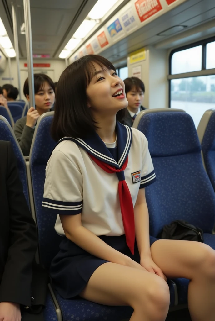 Japanese women,high quality, 32K Full HD,Live-action adaptation,Muscularなリアルな顔,Realistic texture,,alone,Muscular,high school girl.mini skirt,uniform,shirt,check,tie,Audience,Front view,in the train,Squat down and spread your legs,Raise your arms behind your head,stick out your tongue a lot,Excited