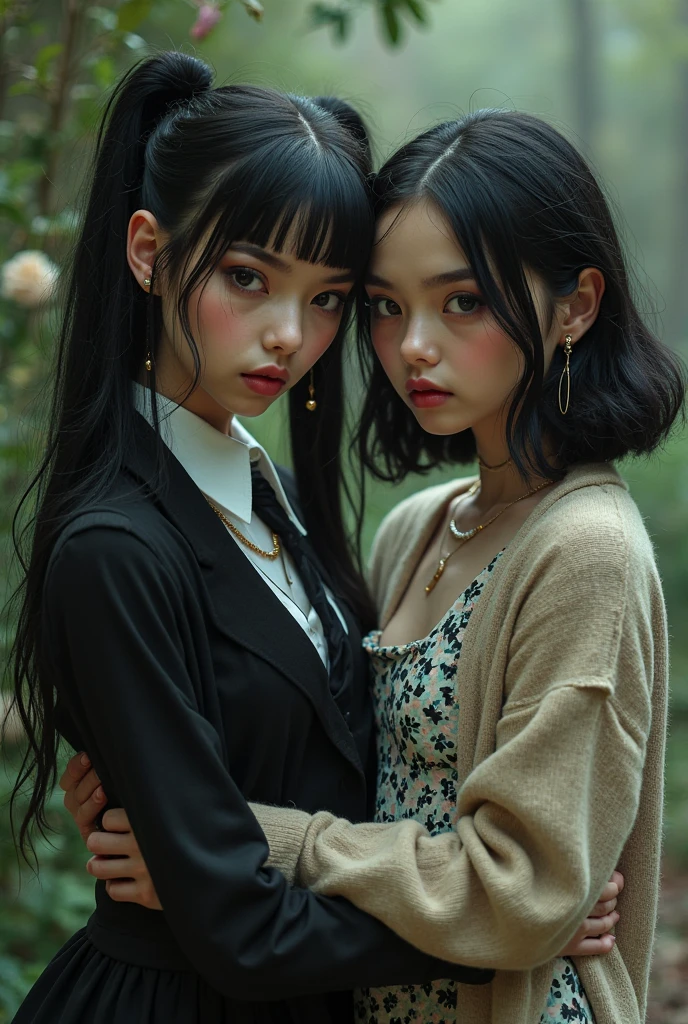 2 girl with long black hair, big black eyes, big nose, small mouth, wearing an urban suit, 154 cm tall, thin