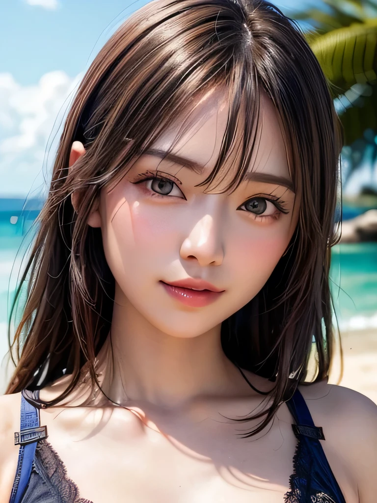 (masutepiece, Best Quality:1.3), 8K, Official art, Raw photo, absurderes, Delicate girl, (close up, Cute face:1.2), White Bikini, Cinch West, Large breasts, Bangs, violaceaess, gardeniass, (Solo, Beach, Horizon, Beautiful sea, skyporn, A clear day:0.8), (Simple background:1.4), (Bokeh background:1.3), face lights, Teen, Looking at Viewer, thin arm, Film grain, chromatic abberation, Sharp Focus, Dynamic lighting, (Detailed face:1.2), (Smile:0.3)