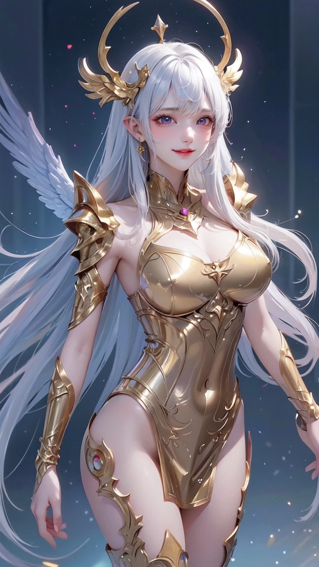 a beautiful elf woman, Bangs, white hair, detailed eyes, beautiful, hyperdetailed face, realistic shadows, best quality, masterpiece, perfect anatomy, White Cloak, ABS, bikini, intricate silver armor, Forest, Anime style, cgsociety, dramatic, cinematic lighting, fine expression, fine detail, a digital painting by Yusuke Murata, very intricate and hyper-detailed oil painting by daniel f gerhartz