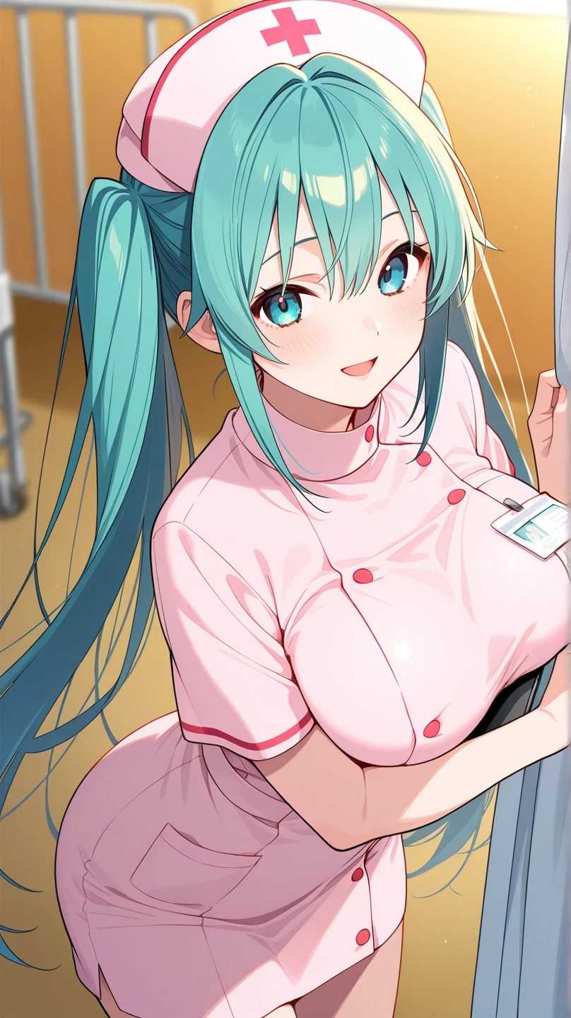 A love hotel with romantic interiors,nostalgic light,Bedrooms,fluffy hair,rainbow-colored hair,white, Light pink, Light purple, Light green and light blue,white nurse uniform and nurse cap,I have a stethoscope and a syringe,Bewitching look,Slightly red tide,Excited look,Smile on his face,Her chest is wide open and you can see her cleavage,