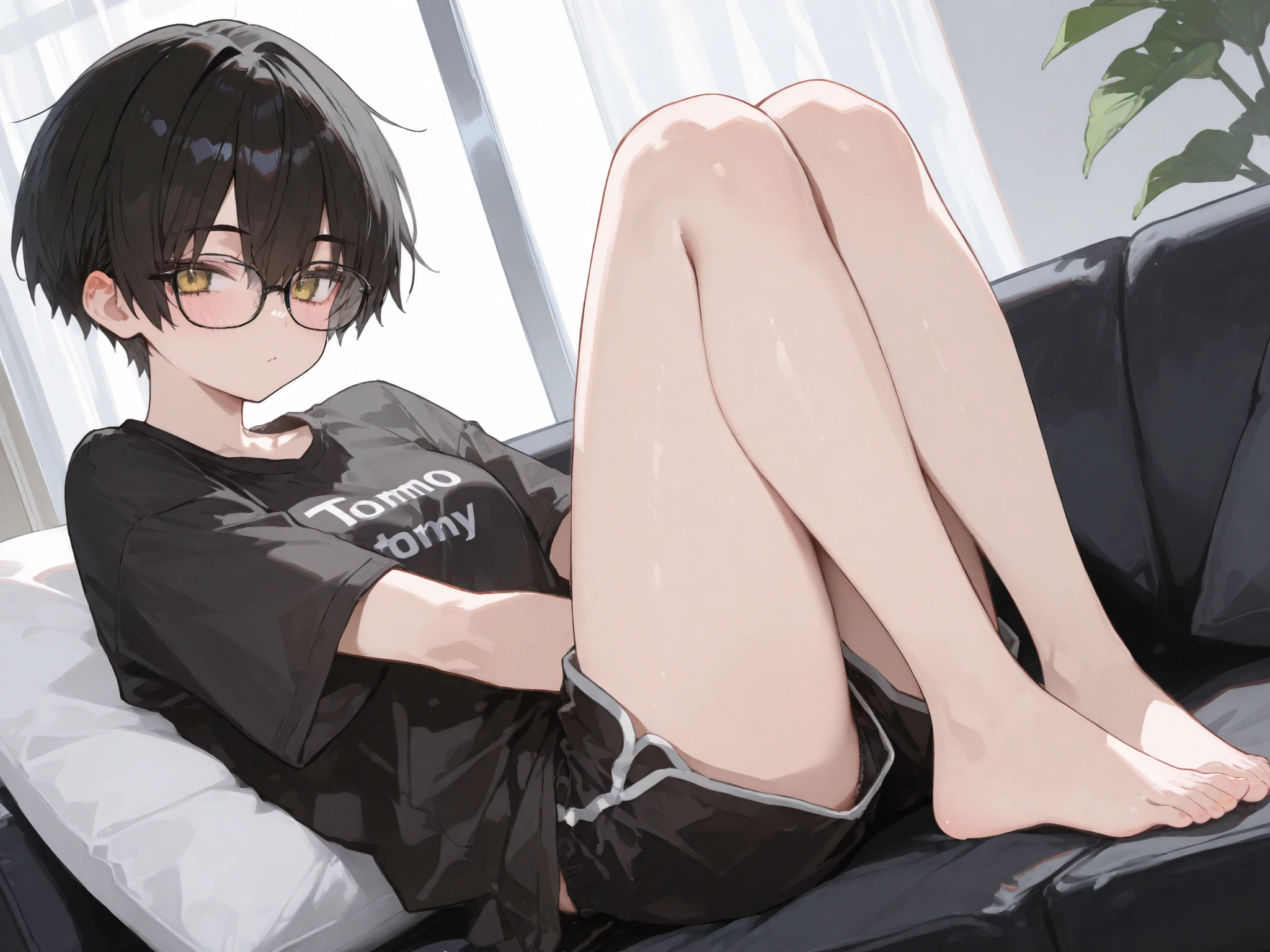 emo  sitting on a leather couch, curvy little loliort hair, gold, black gold jacket, black gold swimsuit, detailed bare feet, present standing, huge window behind, city view