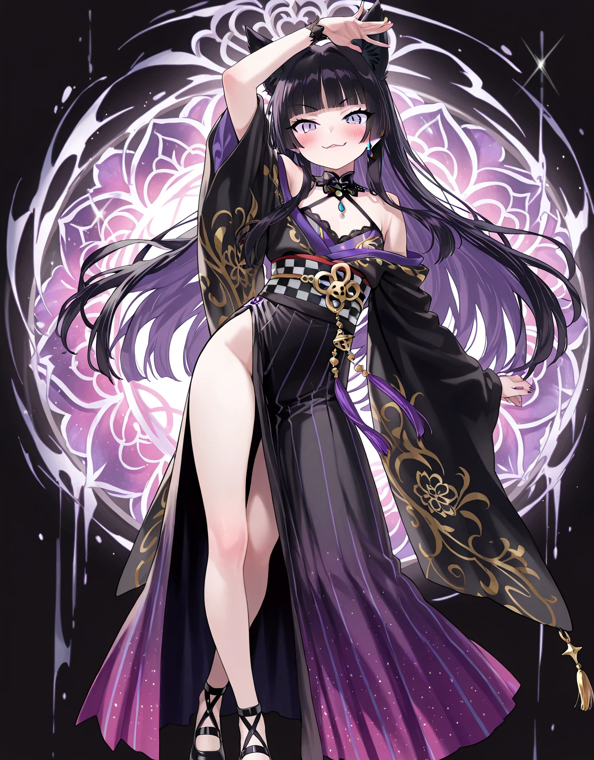 1girl, solo, tattoo, underwear, bra, black hair, panties, long hair, moon, black panties, black bra, navel, purple nails, looking at viewer, parted lips, bangs, open clothes, full moon, cowboy shot, arm tattoo, floral print, flower tattoo, nail polish, wavy hair, breasts, flower, signature, hand up, black background, kimono, cleavage, japanese clothes,
chest tattoo, long sleeves, standing, lace trim, black eyes, strapless bra, collarbone, armpits, strapless, lingerie, lace-trimmed bra, lace-trimmed panties, shoulder tattoo, stomach, sky, leg tattoo, medium breasts, lace, open kimono, cloud, purple kimono, lips, grey eyes, night, neck tattoo, fingernails, holding, print kimono, head tilt, see-through, eyelashes, blunt bangs, open shirt, arm at side, ass visible through thighs, full-body tattoo, peony (flower), small breasts, midriff, arm up, stomach tattoo, off shoulder, outdoors, wide sleeves, robe, shirt, blue eyes, jacket, lace bra, bare shoulders, underwear only, simple background, blush, white flower, night sky, purple eyes, jewelry, makeup, pink flower, shawl, branch, pink nails, back tattoo, mole, eyebrows hidden by hair, cherry blossoms, artist name, thighs, purple jacket, frilled panties, expressionless, jacket on shoulders, purple flower, bird, crescent moon, earrings, eastern dragon, dress, open jacket, lace panties, curly hair, barefoot, full body, straight hair, black nails, day, open robe, dark, floral background, print bra, petals, short hair, smile, frilled bra, straight-on, skirt, open mouth, eyeshadow, purple shirt, tube top,