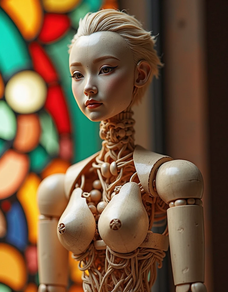 A clock work android woman (obvious gears and mechanical seams) is being given diagnostics in a work shop, she is nude and striking intricate sultry poses

