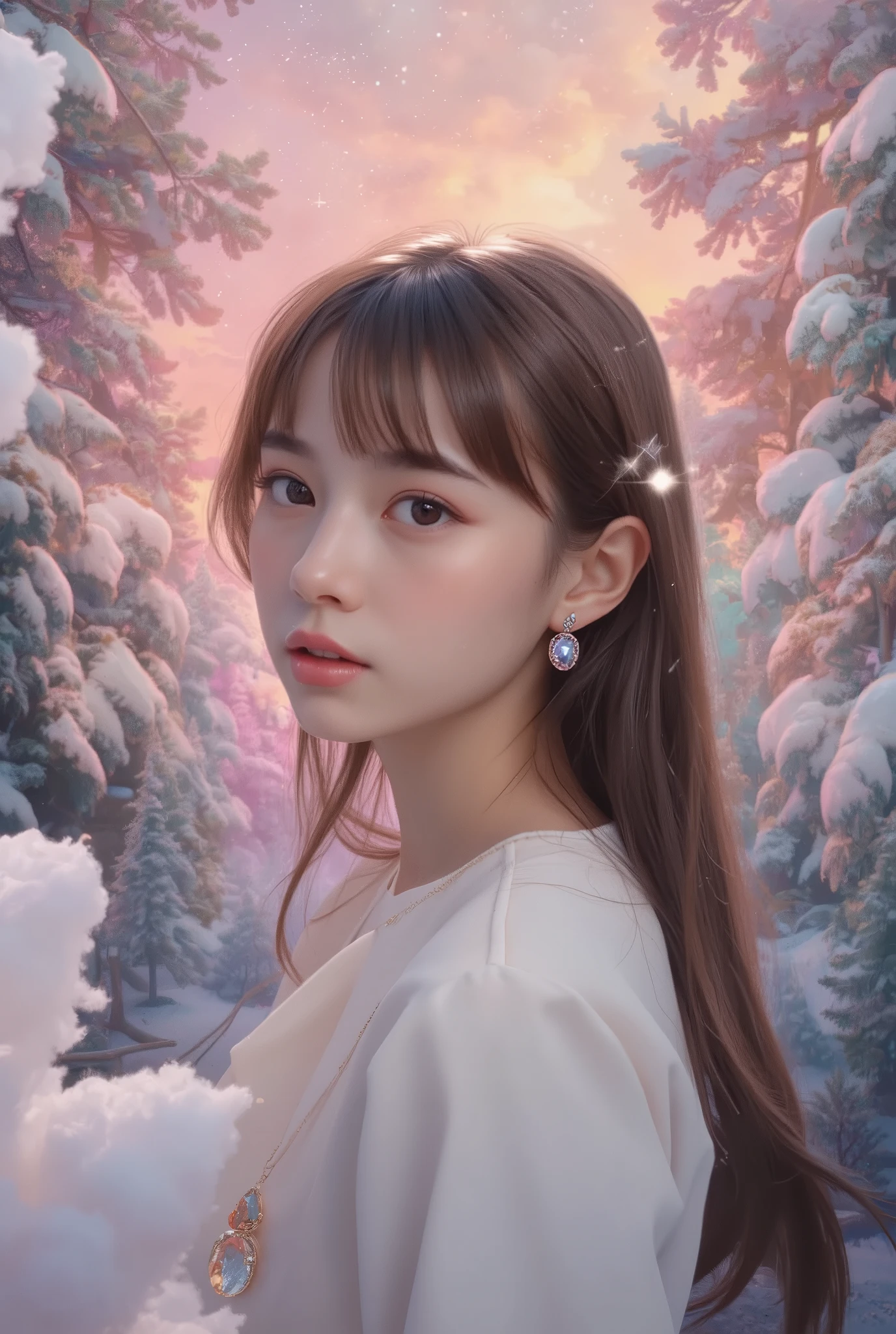 ( fluorescent color :1.4),(translucent:1.4),(Retro filter:1.4), (fantasy:1.4), Candy World Disneyland Aetherial Soft Fluffy Soft Landscape Forest Snow Avatar Pastel Pink Sky Green Blue Sparkle Aetherial Light Pastel Fantasy Light Rainbow Star Diamond Sparkle Gemstone Background Hyperrealistic Ultra Quality cinematic lighting huge detail full hd painting brightly illuminated,oblique bang right next door,, Color Dress,Aside, masterpiece, Best Quality,real skins,(portrait:1.5), girl, Dull bangs, long hair