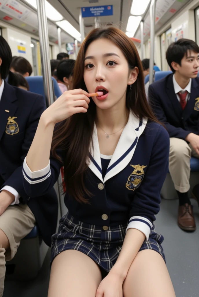 (Cowboy shot), Solo, (((Cum on thighs: 1.5))), ((From the front), (((Legs spread))), (Very short hair), Beautiful Japanese high school girl, Plain shirt, Shirt with emblem on one breast, ((Pleated skirt of high school uniform)), ((Sitting on a long seat of a Japanese commuter train with moquette fabric)), Long seat of Japanese Sobu line, Short white socks, (Black loafers), (Eyes closed), ((Sleeping soundly))), (((Weak))), ((Sleeping)), ((Dozing)), ((Delicate drawing) ), (Detailed raw photo of girl), (Highest quality: 1.6), ((Ultra high resolution)), ((Real)), 8k resolution, Canon EOS R5, 50mm, Absurd, Very detailed, Cinematic lighting, ((Gap in skirt)), ((Defenseless)), (Cute printed panties), (School bag), Viewer discretion advised: 0.2,((night)),