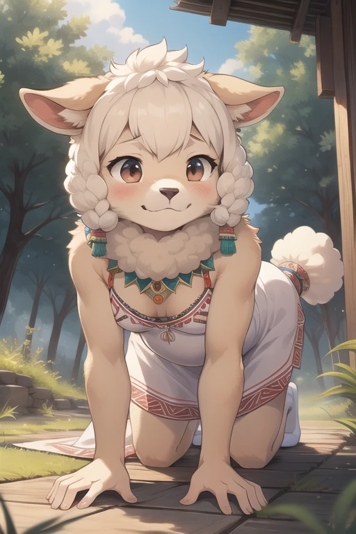 a man and women,have sex,put a women under a sperm,sheep, anthro, furry, female, feminine, fur, detailed fur, small goat horns
masterpiece, best quality, digital art, (realistic:0.3), cartoon, detailed lines, high resolution, visually stunning
(detailed lighting, depth of field:0.9), detailed color, vivid color
perfect hands, detailed hands
(beautiful, cute, fluffy:1.2), detailed body, perfect breasts, 1girl, solo, smile
outdoors, nature, tribal accessories, tribal clothes