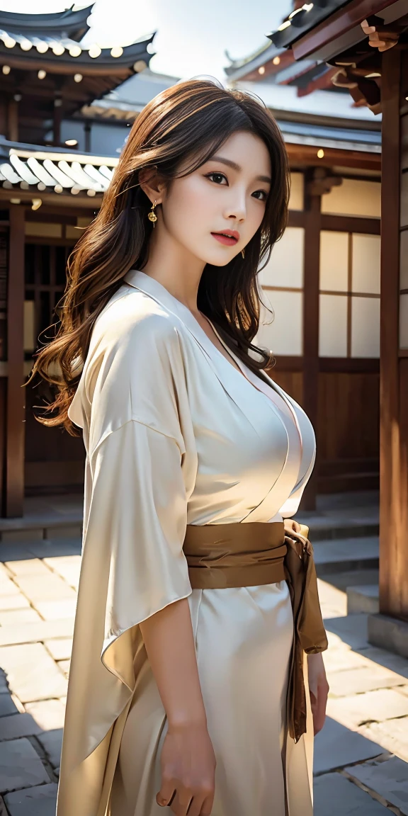 (masterpiece),(highest quality),Super detailed,perfect aninomy,dazzling,Perfect Face,Fascinating,One girl, Beautiful luminous girl, Stormy long hair, Cleavage,Copper Blonde Hair, Detailed_kimono,Long-sleeved kimono,
Wind_lift, evening, Outdoor, in spring,Falling petals,cherry, Flowers Bloom, Looking_return,Looking_in_Audience,dynamic_angle,