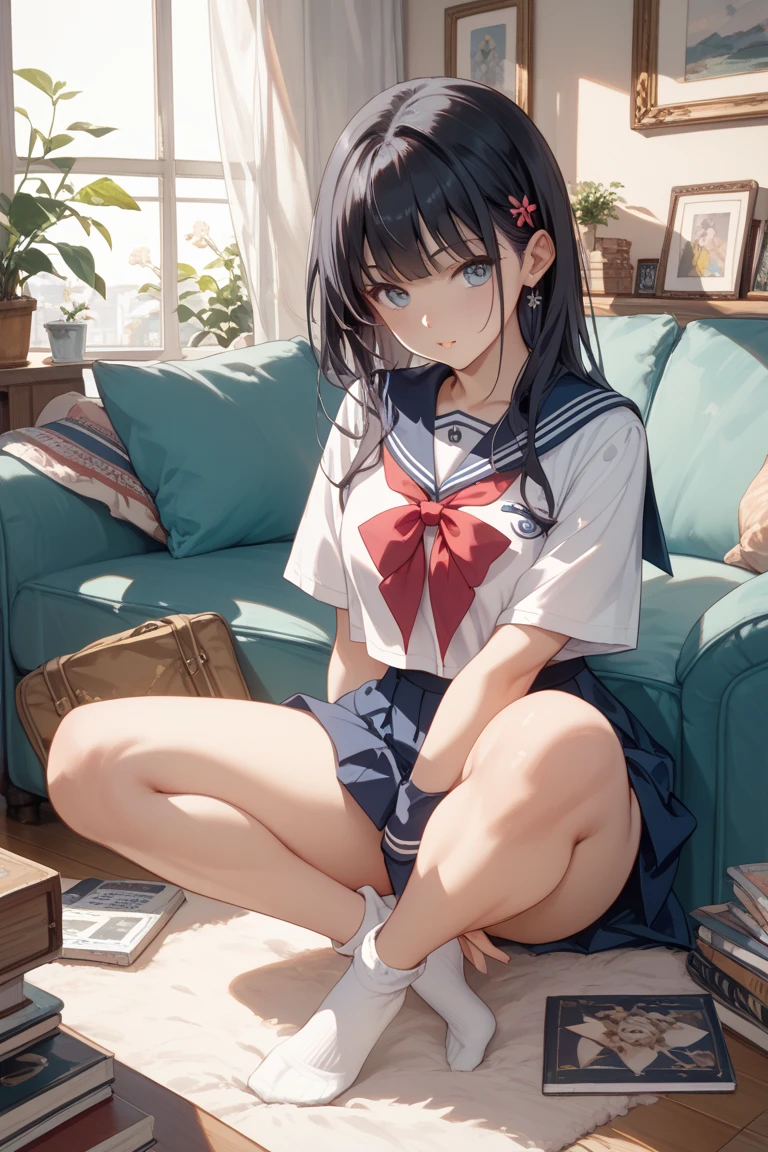 masterpiece, ultra quality, ultra sharp, ultra detailed, 1girl, solo, (((good anatomy))), haduki kurumi, (tattered torn dripping wet white gym shirt), navy gym pants, animal ears, randoseru, name tag, Japanese anime pose, laugh, BurumaShorts, Buruma, Gym Uniform, (((lying:1.4, spread_legs, legspread, split_legs, spreading legs)), (randoseru backpack:1.4), (smirk smile), buruma, blue buruma, black buruma, (cameltoe), (tattered torn short sleeve white gym uniform with colored hem), (tiny ), (white long loose socks), strong lighting, legspread, bukkaken clothesum on legs, cum buruma, cum oloomers,
