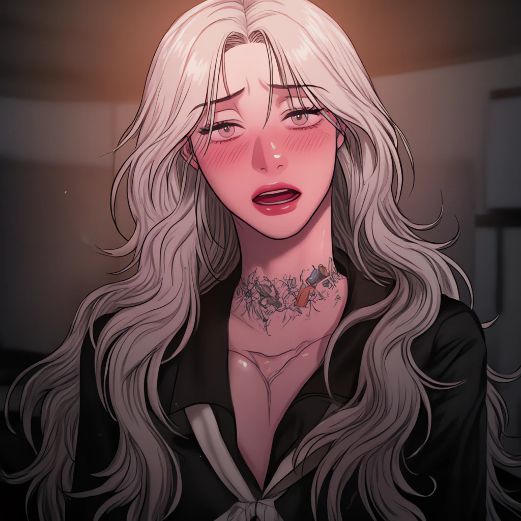 1 donna, long straight blonde hair, wears a black shirt with white tie,has tattoos on her neck, chest and arms, shiny red lips, shiny skin, detailed blue eyes, mature woman, adult woman, strong blouse that is silent but with a nervous expression