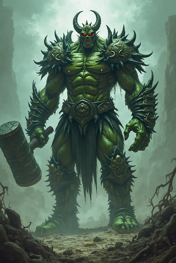 "Create an abyssal shaman who communes with the dark spirits of the underworld. This creature is a terrifying blend of Morlock and Orc, with a hunched, twisted body and rough, greenish skin covered in ritualistic scars and tattoos. Its eyes glow with an unholy light, and it wears a cloak made from the hides of dark creatures. The shaman carries a staff adorned with the skulls of its enemies, and it is surrounded by a swirling, dark mist. The scene captures the shaman performing a dark ritual in a cave or underground chamber, with the spirits of the underworld rising around it."