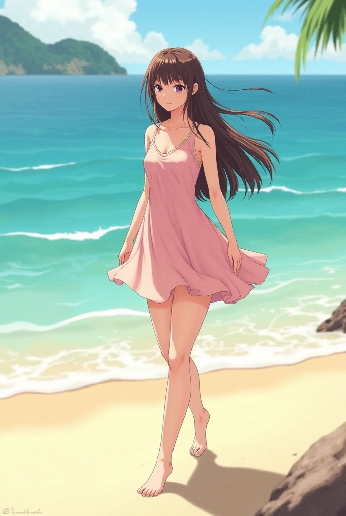 HinomoriAzusa, One person, alone, Brown Hair, Long Hair, ribbon, smile, blue eyes, hair ribbon
pink tank dress with red floral patterns, white bra, white panties, barefoot, The beach where the sunset sinks、Looking at me and smiling, masterpiece, expensive quality, very_expensive_solve, big_file size, Full Color, cinematic angle