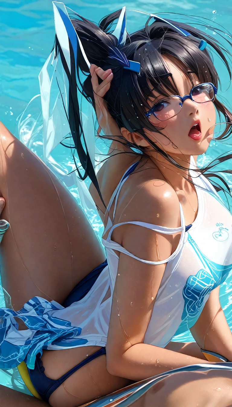 Shooting pussy from behind with a camera, Sex,Milky white semen is ejaculated into the pussy,(Highest quality, 8k, 4K, High resolution, masterpiece:1.2), Very detailed, Anime Style:0.9, Realistic, Bright colors, Written boundary depth, Blurred Background,  alone, 1 female, (Black Hair, Long Hair, Braid, Glasses, Dark brown eyes), Beautiful facial details, Beautiful Eyes, Long eyelashes, Soft lips, (Small face), (smile:1.3),  ((Completely naked:1.2,  )), （On all fours）, Erect nipples、 Big erect clitoris, Big cleavage, Emphasis on the crotch, Crying face, Sexで疲れてぐったりしている, Sweat, Blushing, My body is soaked, Cloudy semen overflowing from the pussy,Cloudy semen splattered on her chest, Cloudy semen spilling from the mouth, A face covered in milky semen
