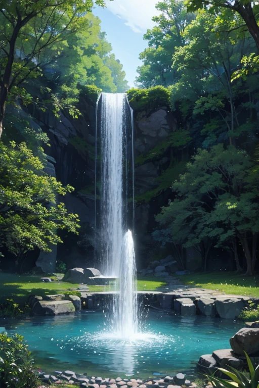 an area of a small lake in a forest area with a few rocks here and there, tree, scenery, waterfallanime women's body pictures 2 anime girls standing together anime girls,sit under the waterfall , meditation position,off shoulder, looking at viewer, blue eyes, smile, jewelry, sleeveless, earrings, upper body, white wet blouse,1 girl long light blue hair, second girl medium pony tail orange hair
