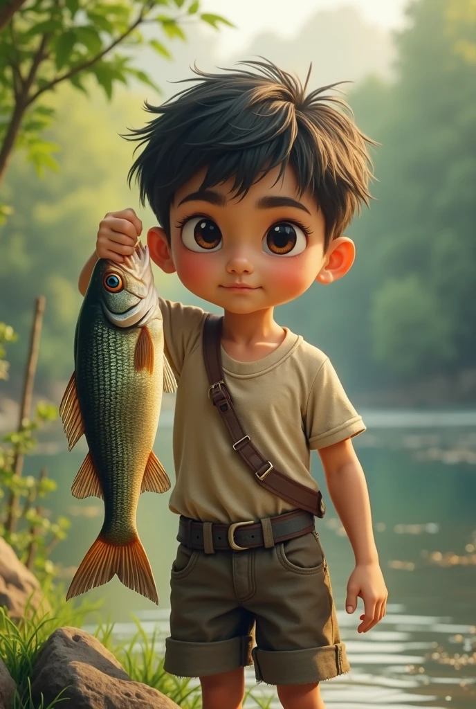 A boy name baizid in his t-shirt.and a fish in his hand