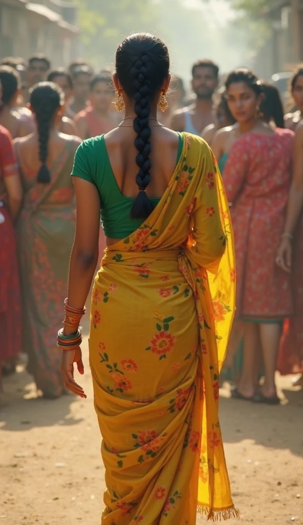Indian girl, green saree, backless blouse, back pose, standing before 4 boys with white beard and strong body