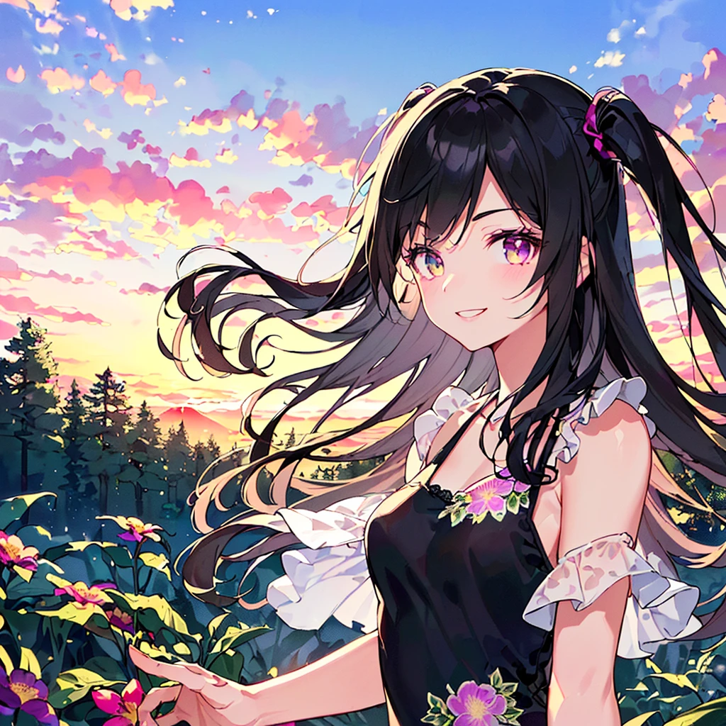 masterpiece, best quality, high quality, extremely detailed, very delicate and beautiful, (1female 18years old Adult alone solo:1.5) , (two-side up long black hair:1.5), bangs to eyebrows, eyes (eyes sharp, strong, glossy, glossy eyebrows), (eye color magenta:1.3), 6.5 head height, (summer dress with canna print:1.3), knee socks,ruffles, (smiling), (walking:1.3), (dynamic pose), (upper body:1.3),(background canna flower field:1.3) , (sunset:1.3)