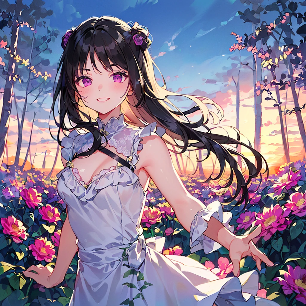 masterpiece,Highest quality,high definition,High resolution,4K,8k,Ultra-high-definition CG,masterpiece,Highest quality,high definition,High resolution,4K,8k,Ultra-high-definition CG,Anime illustration style,１girl, anime painted, front angle, pose standing, shiny black twin tail hair,black, accessories ribbon, expression smiling,arms behind back,Scene of a garden full of flowers、In a wedding dress、Behaving gracefully。fashion model posing ,shiny skin,Low angle ,fashion model posing ,holdng a flowers.bouquet.