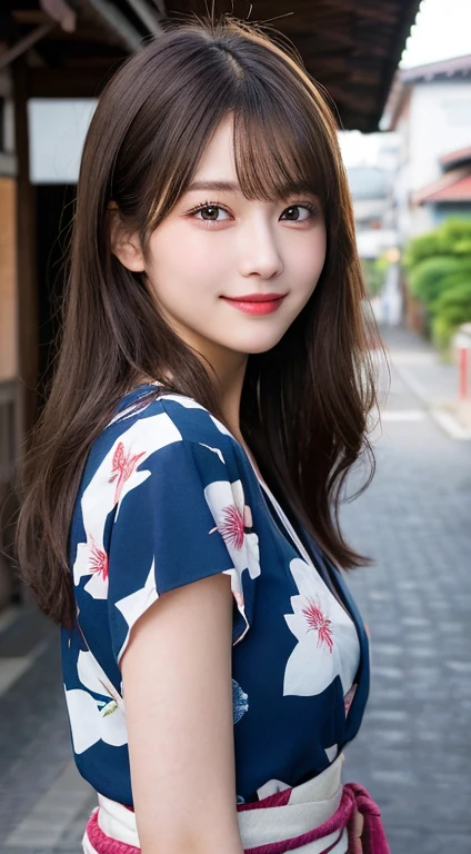 whole body， highest quality, figure, Very detailed, In detail, High resolution, 8k wallpaper, Perfect dynamic composition, Beautiful fine details, yukata,Medium Hair, Center of chest, Natural color lip, Random sexy poses,smile,Night stalls，Flower Hair Ornaments，smile，looking at the camera，