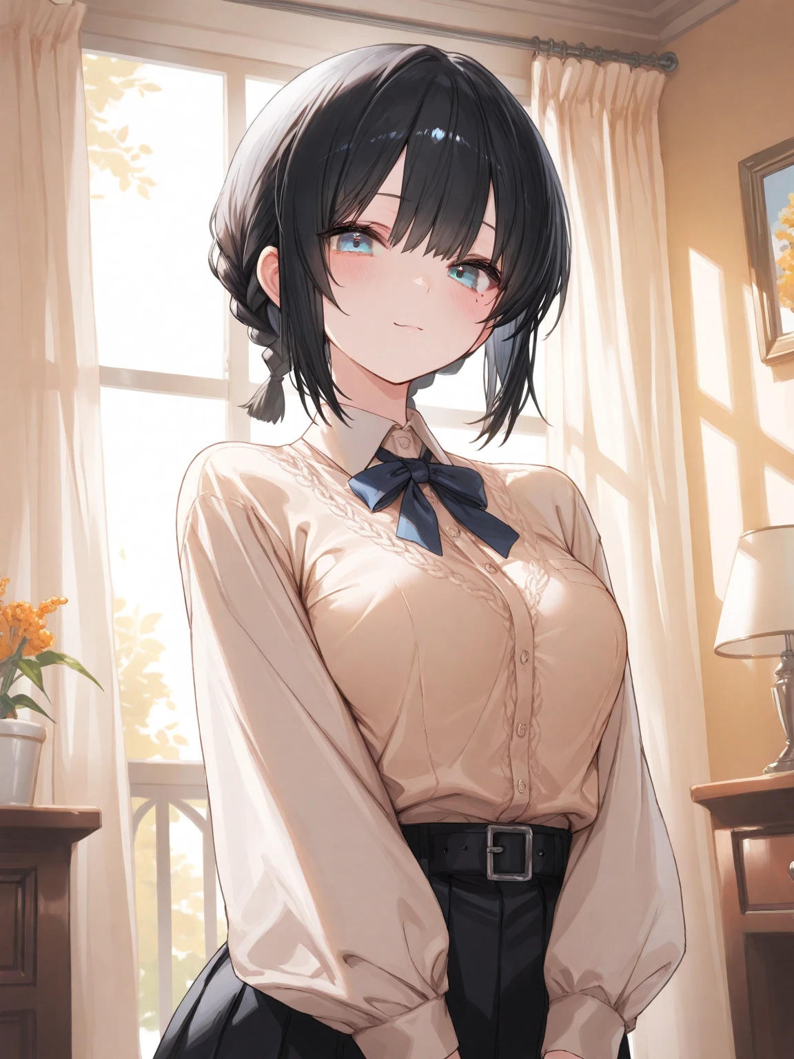masterpiece, best quality, highres, 1girl, solo, jewelry, skirt, sweater, necklace, black skirt, black hair, short hair, ribbed sweater, socks, turtleneck sweater, turtleneck, white socks, blue eyes, long sleeves, pleated skirt, ribbon, breasts, bow, hair ribbon, hairband, hair bow, bangs, large breasts, sarashina ruka, <lora:sarashina_ruka_v10:0.7>