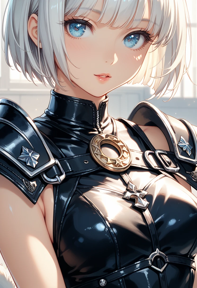 (8k, RAW Photo, Top Quality, Refined Details, Masterpiece: 1.2), (High Resolution 8k Wallpaper), Sharp Focus, Professional Lighting, Depth of Field, Cinematic Lighting, Background Blur, BREAK (1girl:1.4),(crying face: 1.4),(sitting:1.4), cute face, pixie cut,hair between eyes, slender line, slim body, (silver latex:1.4), Arm cover, golden ratio,(small breasts: 1.4), (upper body:1.4),