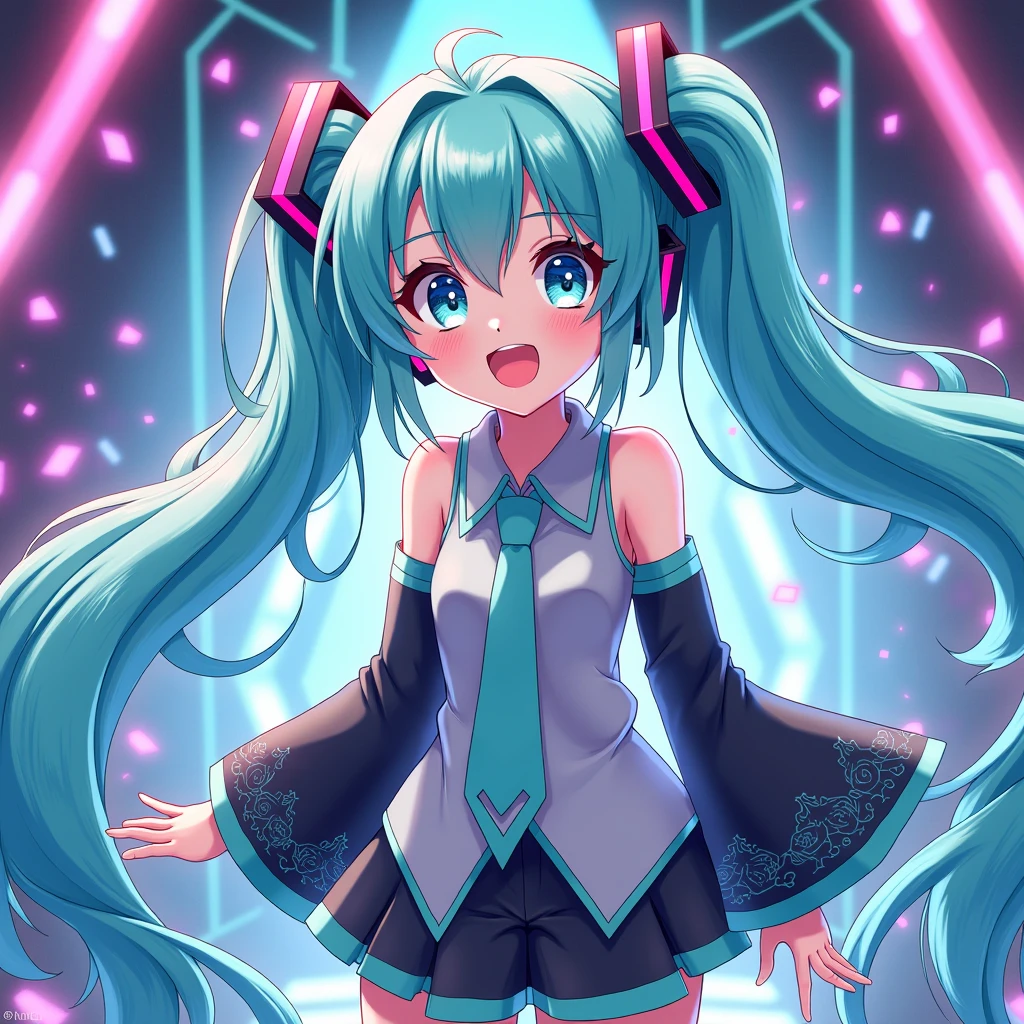 This painting depicts an active and colorful dance party scene featuring Hatsune Miku.。She was dancing in the center of the dance floor、Colorful neon lights are shining all around.。