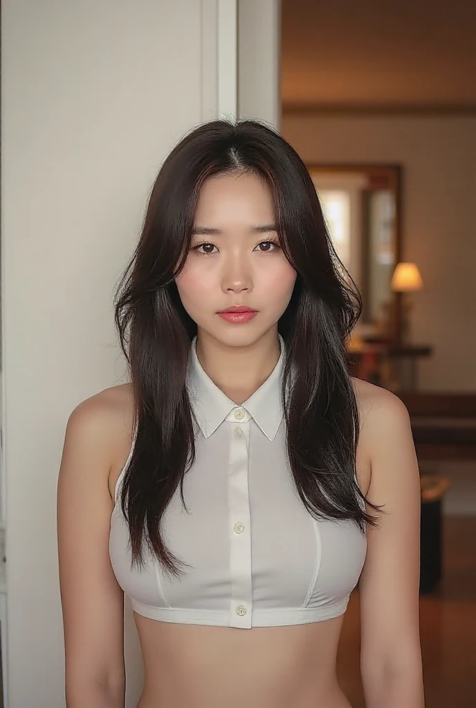 masterpiece, best quality, ultra-detailed, ultra high res, (photorealistic:1.4), raw photo, (realistic:0.2), 8k HDR, 1girl, solo, (looking at viewer), realistic lighting, asymmetrical hair, (detailed skin), (detailed face), (simple gray background :1.1), (upper body:1.5), simple dress, sleeveless,