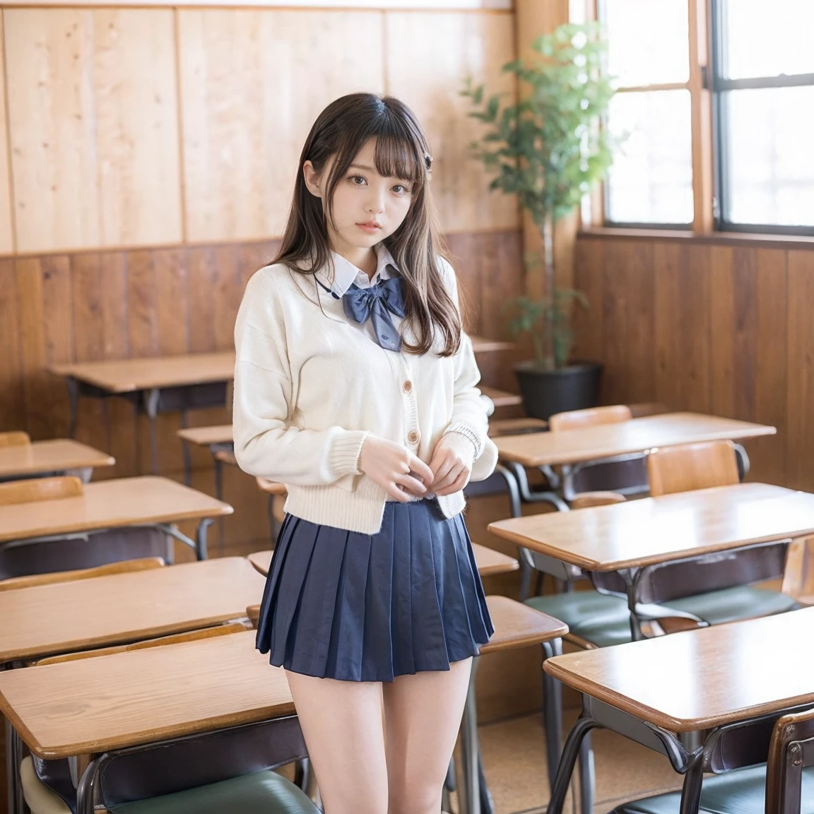 1girl,23yo.strawberry print panties ,.classroom brown eyes, brown hair, cardigan, female pubic hair, full body, gyaru, hair ribbon, lips, loafers, long hair, looking at viewer, panties, plaid, plaid skirt, realistic, red ribbon, , shirt, short sleeves, simple background, sitting, skirt, skirt lift, smile, solo, spls, standing, striped, white neckerchief, white shirt.