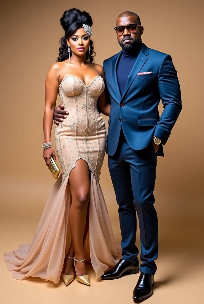 Black Woman and Hispanic man standing in front of vintage red car . Woman has on a cream color dress with a wedding veil on and platform heels . Man has on an ivory color suite with glasses on and a black bow tie . The theme is engagement photos