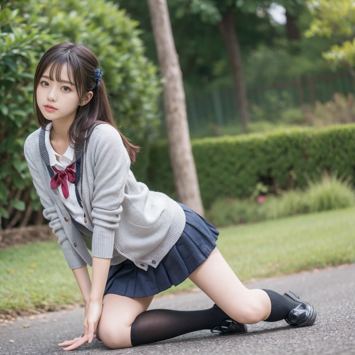 elegant, masterpiece, intricate, realistic, best quality, absurdres, detailed high face detail, perfect eyes, illustration, detailed, kawaii bad girl, feet out of frame, mini skirt, serafuku, kneehighs, loafers, squatting, wind blowing hair, smooth hair, beautiful hair, detailed hair, messy hair, short hair,