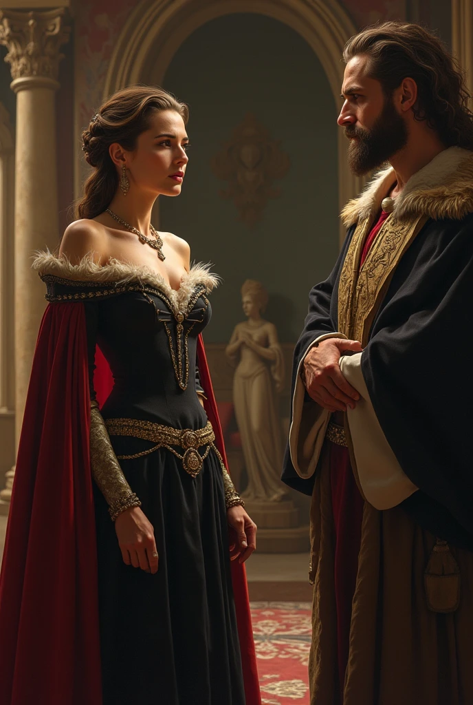 Magnificent detail, 8K Photos, hyper- realism, realistic background, visual depth, wide angle lens, professional lighting, foto pov rey. Photo taken behind the throne. {LnF [rey] looking ahead a couple composed of a [naughty man] A peasant and a [Woman] pobres que estão lado a lado, hand in his Palace.} {or casal tem um [naughty man] dressed as a peasant, with an expression of sadness, desolated, looking at the floor.} {or [naughty man] is holding hands with her [Woman], que está ao seu lado direyto.} {a [Woman] She is beautiful, pobres, with messy hair. apesar da pobresza, a [Woman] She is very beautiful and attractive, his body has beautiful curves, delicious, mackerel.} {a [Woman] is taking off an overcoat-like jacket, showing off their sensual lingerie that partially shows breasts and groin.} {a [Woman] She has a sexually submissive expression.} {or [rey] She is 36 years old, bonitas, usa um manto típico de rey, wears a beautiful crown. He's sitting on the throne, adorned with gold, conveying an image of extreme power.} devotion. sensual photo. adult content.