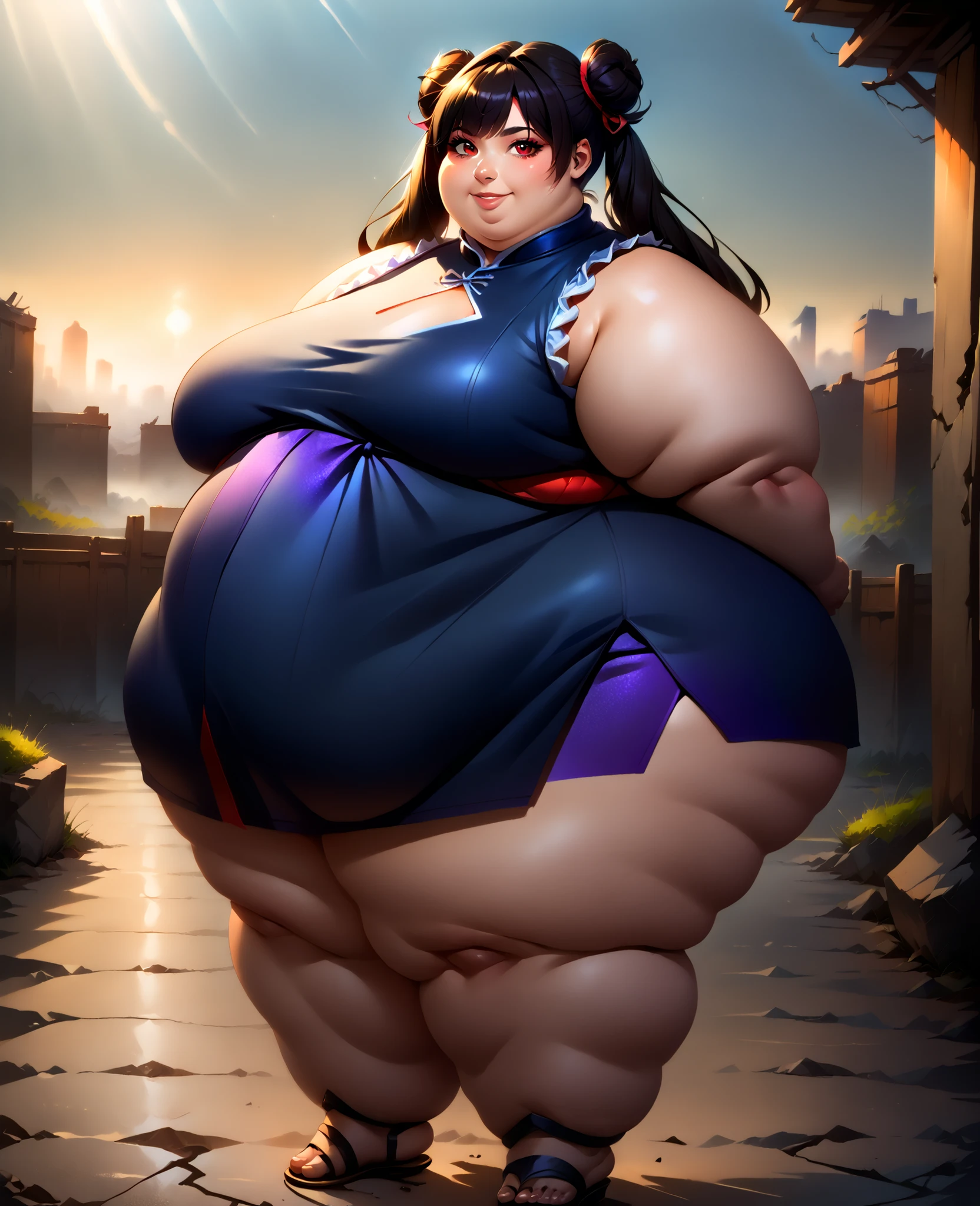 score_9, score_8_up, score_7_up, score_6_up, score_5_up, score_4_up, BREAK, source_anime,
1girl, black hair, blunt bangs, double bun, long hair, red eyes, twin tails, breasts
purple cheongsam, sandals, SSBBW, fat, 500 lbs.,
hands behind back, smile, full body, looking at viewer, solo, outdoors, wasteland   