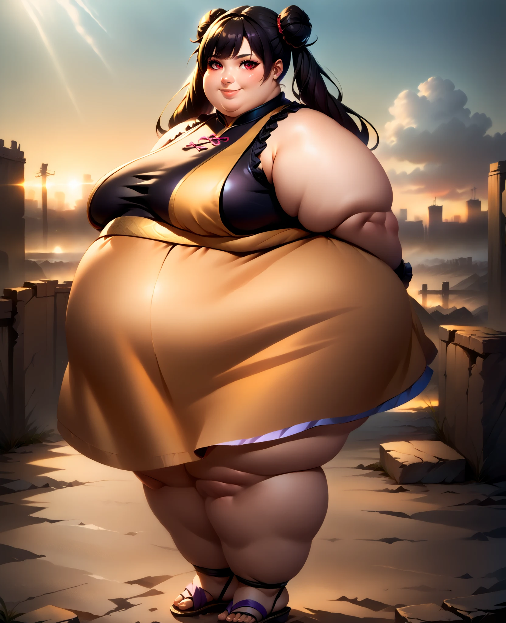 score_9, score_8_up, score_7_up, score_6_up, score_5_up, score_4_up, BREAK, source_anime,
1girl, black hair, blunt bangs, double bun, long hair, red eyes, twin tails, breasts
purple cheongsam, sandals, SSBBW, fat, 500 lbs.,
hands behind back, smile, full body, looking at viewer, solo, outdoors, wasteland