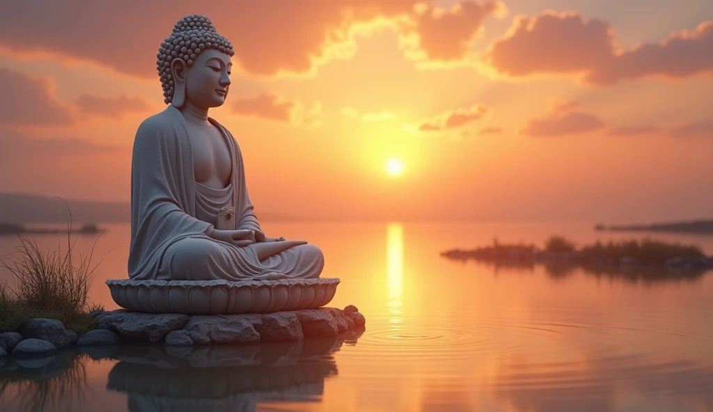 A Buddha meditating on a beach at sunset with sand, stones and palm trees around him people admired his wisdom