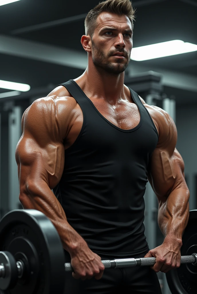 An award-winning original photo, A musclebear man, (40 years old daddy:1.1), 1 man, Solo, strongman, (wearing cargo pant and a black tanktop), (big shoulders), musculature, burly but strong physique, hairy, chubby and stocky, stubbles, Short beard, (Detailed body), (realistic eyes), looking at viewer, crossed arms, pout, lighting, (Best quality, A high resolution, Photorealistic), Cinematic lighting, Masterpiece, RAW photo, Intricate details, hdr, depth of field, (upper body shot), (realistic:1.4), from the front