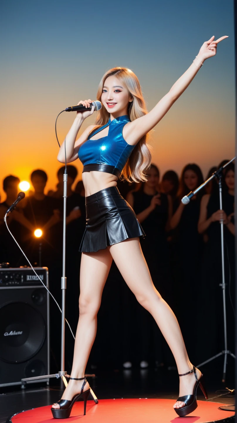 (-nsfw), (-microphone), Thai idol, sparkling scene, cinematic light, ultra detailed face, ultra detailed slender body, platinum blonde with bangs, tanned, very detailed ivory skin, plump lips with bright red lipstick, smokey makeup, black mascara, small breasts, obscene armpits, race queen-like super shiny enamel black bodycon skirt dress, garter belt, black stockings, sparkling large neon pop festival stage background, multiple bright multicolor spotlights