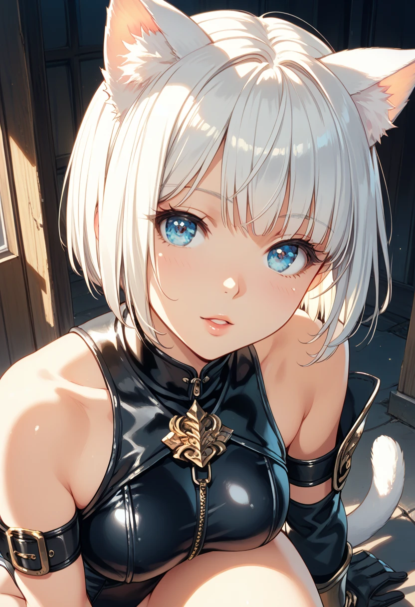 (best quality, smooth skin),cute cat ears, cute fantasy world underwear ,fantasy world temple, sorry expression, upper body shown
