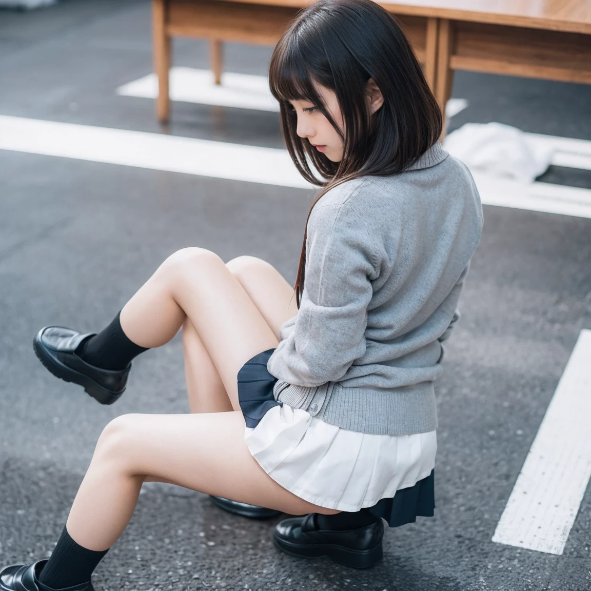 highest quality, masterpiece, Ultra-high resolution, (Realistic:1.4), RAW Photos, Very detailed, Perfect Anatomy,
One girl, Most popular Japanese idols, Crouching on a winter street in Japan, (((((From below, Front view))))), An innocent smile,
(((Panty shot:1.3, Wearing cute patterned white cotton panties, White cotton panties with cute patterns))),
Wearing black loafers, Black loafer shoes with attention to detail, ((Wearing the White Sox, More on the White Sox)), Very beautiful thighs and knees, 、((Sexy panties in full view:1.2))、((Spread your legs wide:1.2))
((Wearing a navy blue pleated skirt, Navy blue pleated skirt with attention to detail)),
She is wearing a loose light pink sweater, A loose light pink sweater with attention to detail, hands on knees, Wearing a cute scarf, A cute scarf with attention to detail,
Very cute face like a famous Japanese idol, Very beautiful big black round eyes, Very beautiful black short hair, Cute face with attention to detail, Large, detailed, round black eyes, Detailed beautiful short black hair